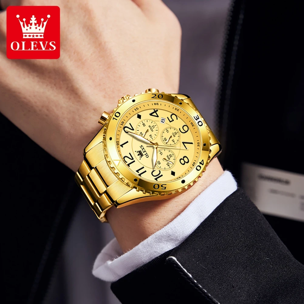 OLEVS 48mm Large Dial Golden Stainless Steel Quartz Watches for Men Luxury Brand Chronograph Auto Date Waterproof Man Wristwatch