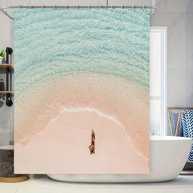 

Beach Blue Gradient Shower Curtain: Ocean Waves Pattern Pink Sand Bathing Mat Decorative Waterfall Fabric Waterproof Home Bathro