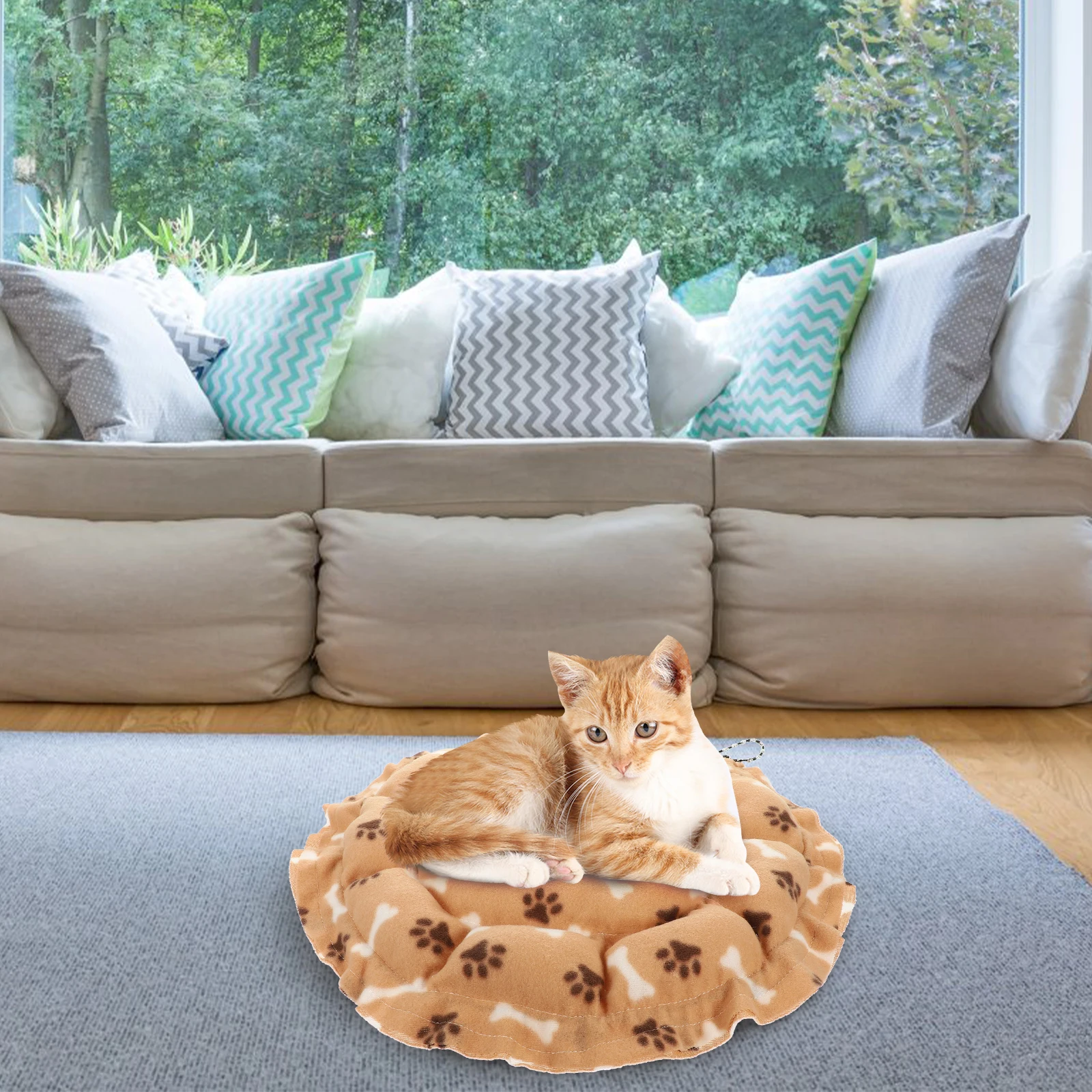 

Pet Beds Fleece Cat Pad Sleeping Dog Keep Warm Footprint Winter Nest Beige