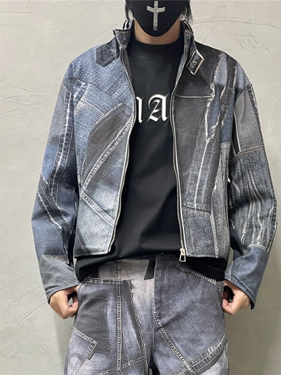 

Design Sense Washed Distressed Stand Collar Stitching Denim Coat Jacket Fashion Printing Stylish Motorcycle Male Cool Top