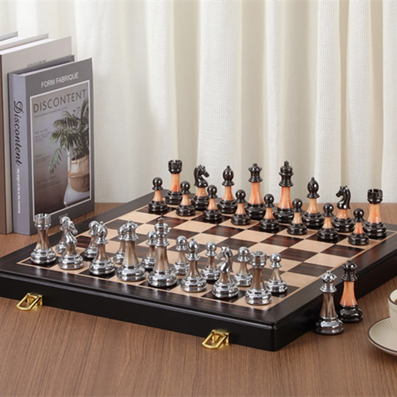 Large chess set 45cm/ 17.7-inch wooden chessboard, high-end electroplated + acrylic chess king, 9cm/ 3.54-inch board game