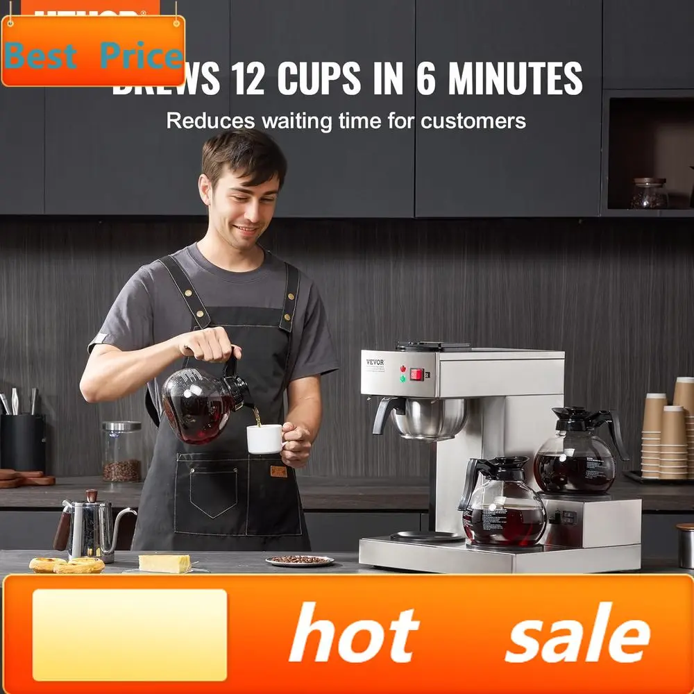 

Promotion12-Cup Capacity Drip Coffee Machine with Glass Carafe and Warmer Plates, Ideal for Office and Cafe Use