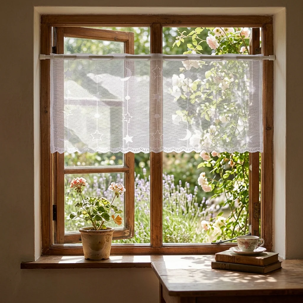 Star And Moon Design Lace Curtains Wavy Bottom Hem Decorative Small Window Treatment No Hole Installation Required