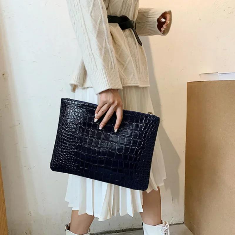 Women Crocodile Pattern Clutch Bag Pochette Female Casual Solid Color Zipper Envelope Square Shoulder Bag Ladies Handbags