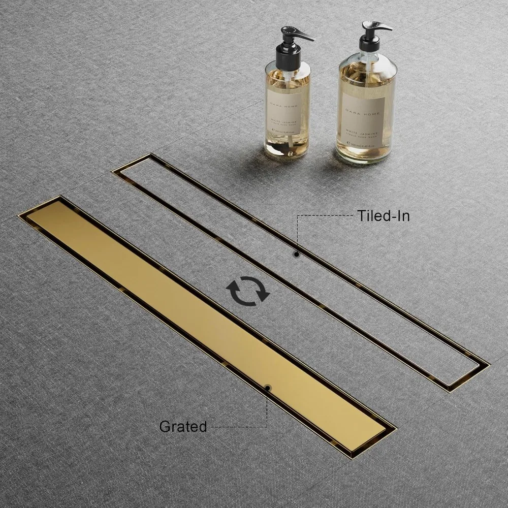 Scarico per doccia lineare da 24 pollici in acciaio inossidabile con copertura piatta e per piastrelle color oro champagne, design reversibile per pavimento senza soluzione di continuità
