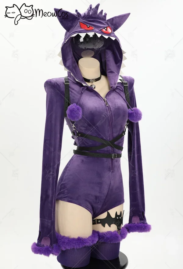 Meowcos-Costume de Cosplay de Fantôme Violet pour Femme, Barboteuse Sexy d'Halloween, Costume de Batterie, à Capuche en Peluche, Chaussettes avec Ceinture et Queue