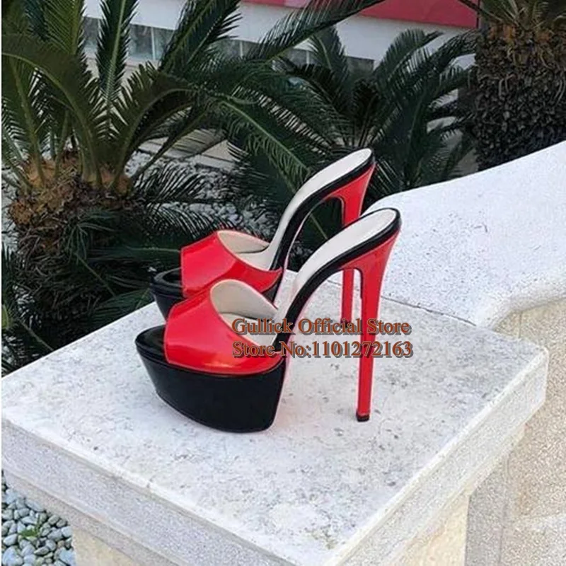 Brown Matte Leather Stiletto Heels Platform Summer Sandals Patchwork Leather Fashion Peep Toe Slip on Women Mules Shoes
