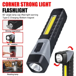 Powerful COB Flashlight Clip On Torch Handheld Camping Work Torch 90° Angle Lamp with Magnet Car Inspection Red Light Warning