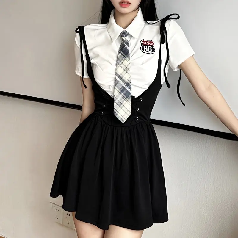 

Suit Strap Waist Suspender Skirt+Shirt Suit Women'S Tie Spice Girl Dress Summer Korean College Style