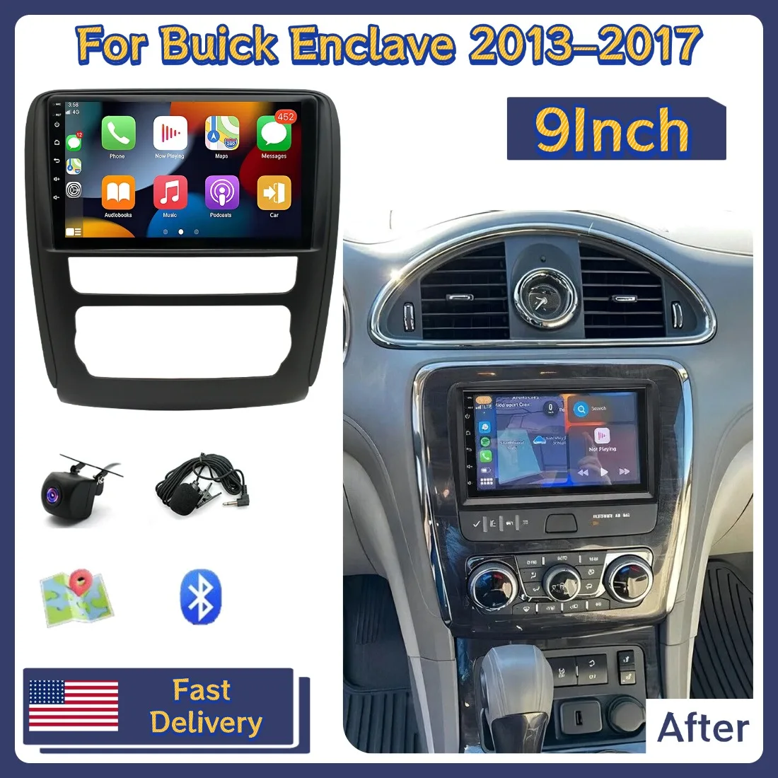 9in Car Stereo Radio GPS Navigation Head Unit 2+64G For Buick Enclave 2013–2017 For Carplay Android Auto Bluetooth Android13
