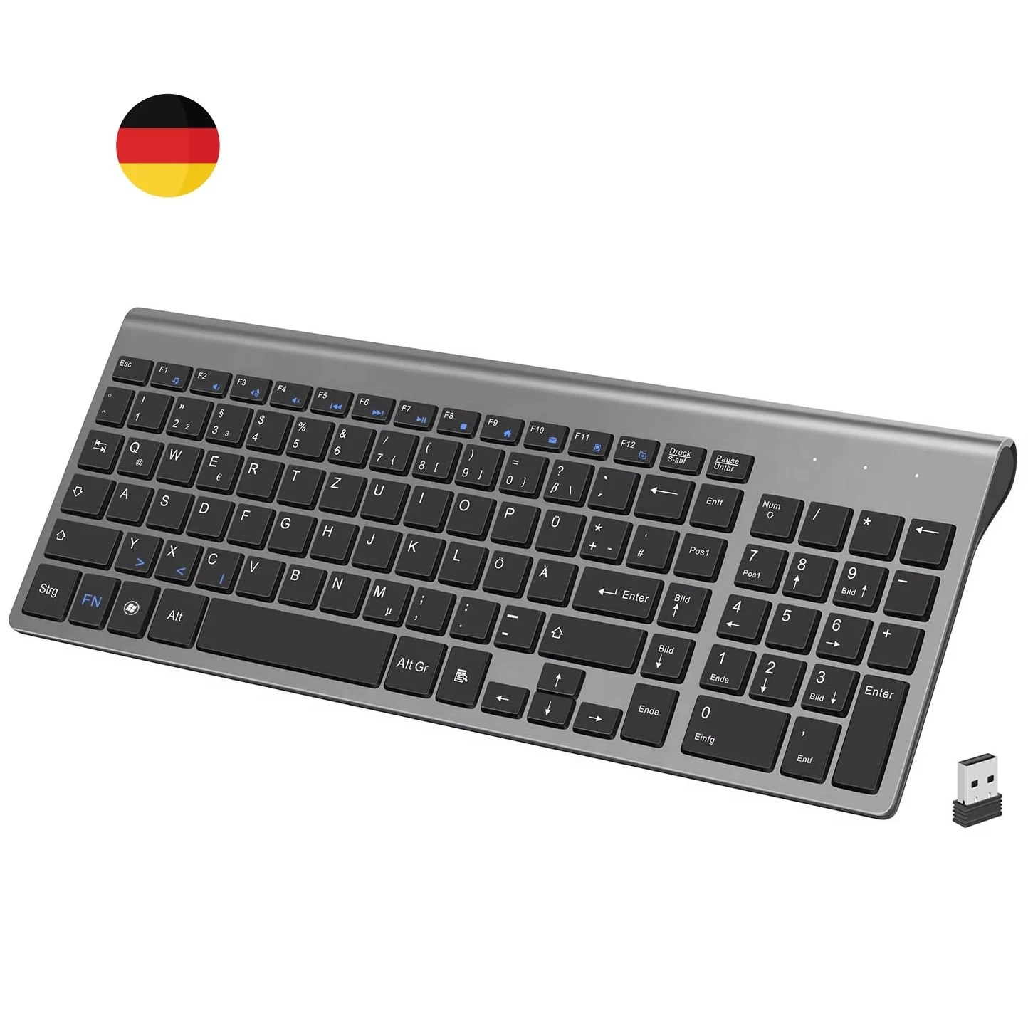 German QWERTZ Layout Wireless Slim Deutsch Keyboard Low Noise 101 Key Wireless Tastatur with Adapter for Laptop Windows Desktop