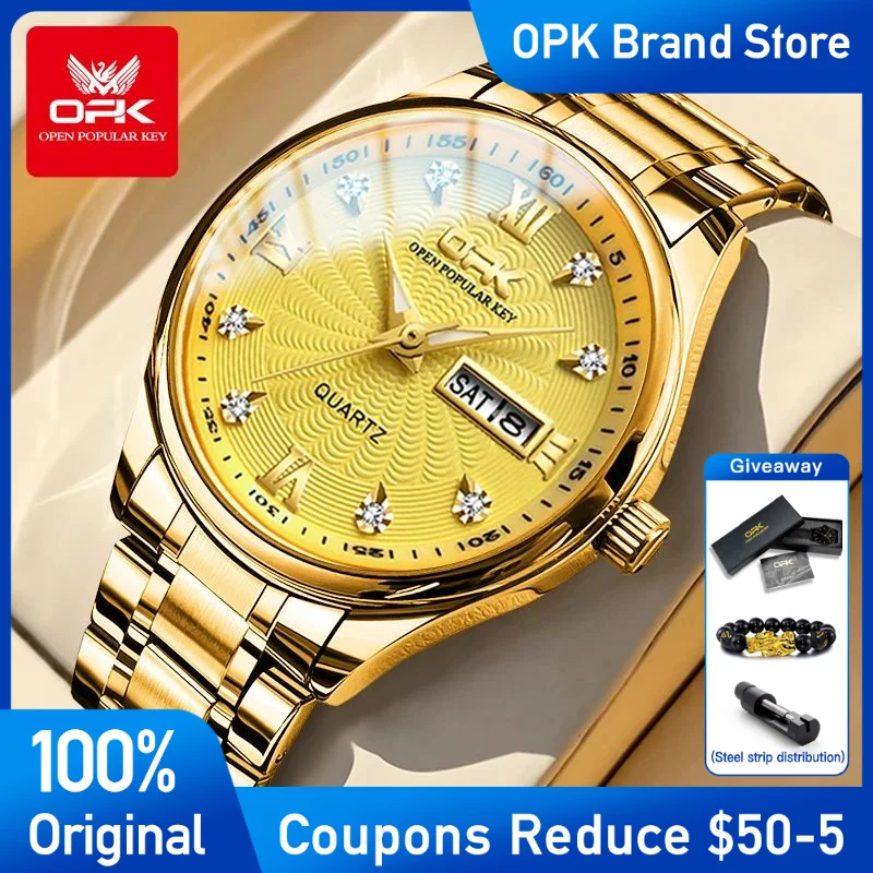 

OPK Mens Watches Original Stainless steel Men's Wristwatch Waterproof Luminous Calendar Quartz Watch Brand Golden Reloj Hombre