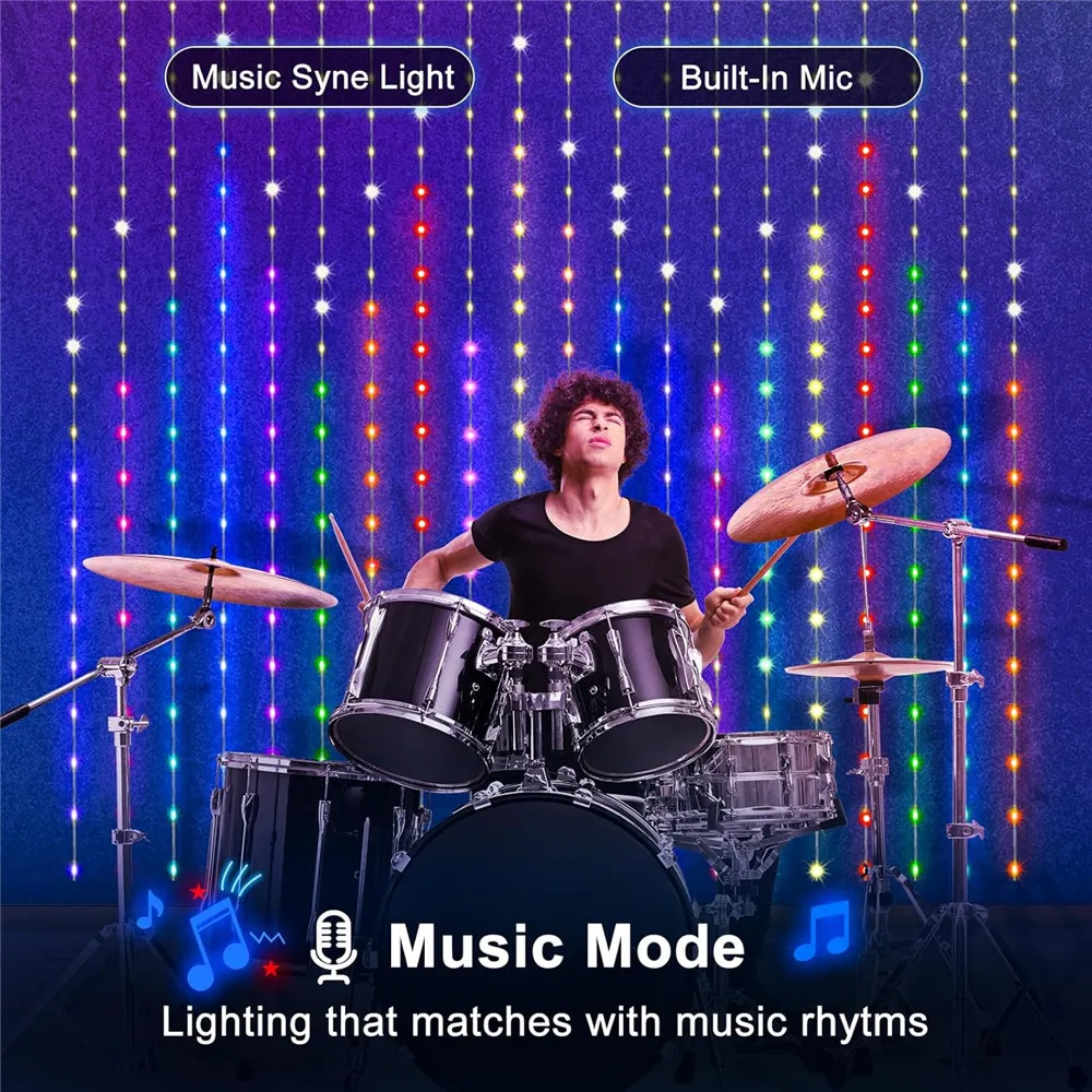 

400 светодиодов, умные занавески, приложение Bluetooth, светодиодные гирлянды RGB, гирлянды, сделай сам, дисплей с изменением музыки для украшения окна, спальни