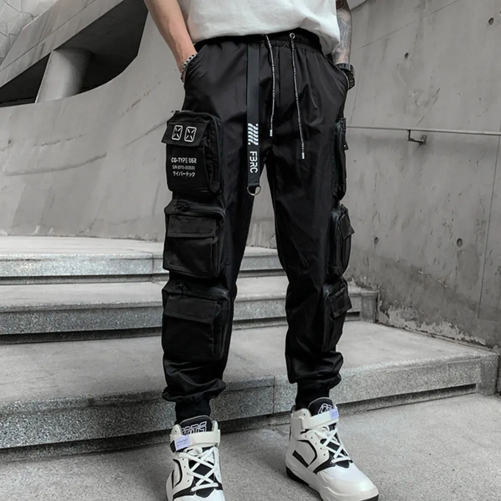 

2023 Techwear Style Multi Pockets Cargo Pants Man Vintage Punk Hip Hop Pants Ribbon Casual Joggers Streetwear