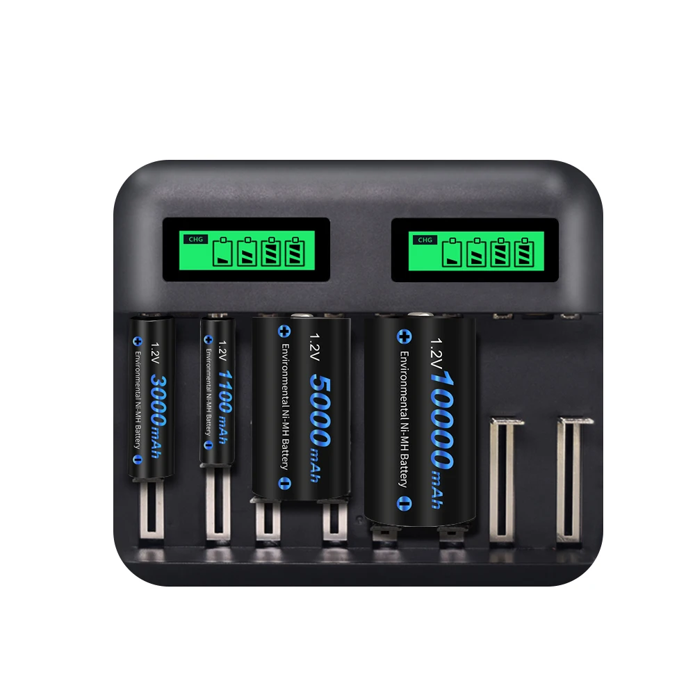 CITYORK 1.2V LR20 D Size Rechargeable Battery 10000mAh Type D R20 NIMH Battery +LCD Smart Charger for AA AAA C D 9V batteries