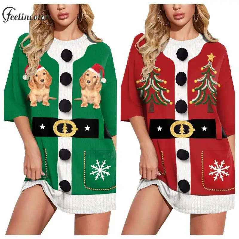 

Christmas Tree Print Long T-Shirts for Women Puppy Wear Santa Hat Graphic Tee Xmas Party Loose Tops Holiday Female Clothes