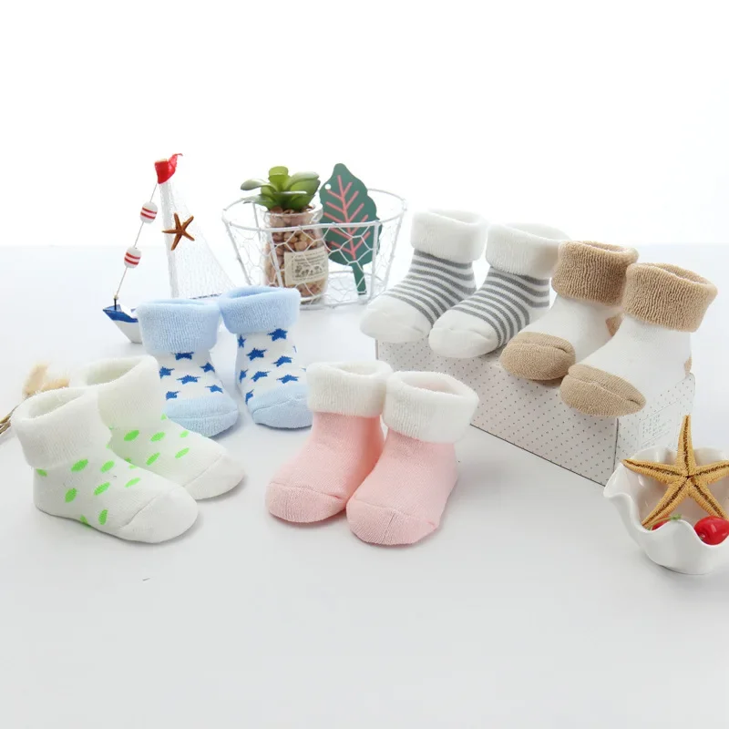 Image of 5 Paar/Set 0 bis 24 Monate Neu eingetroffene warme Wintersocken für Kleinkinder, Mädchen und Jungen, dicke Socken für Neugeborene, Frotteesocken
