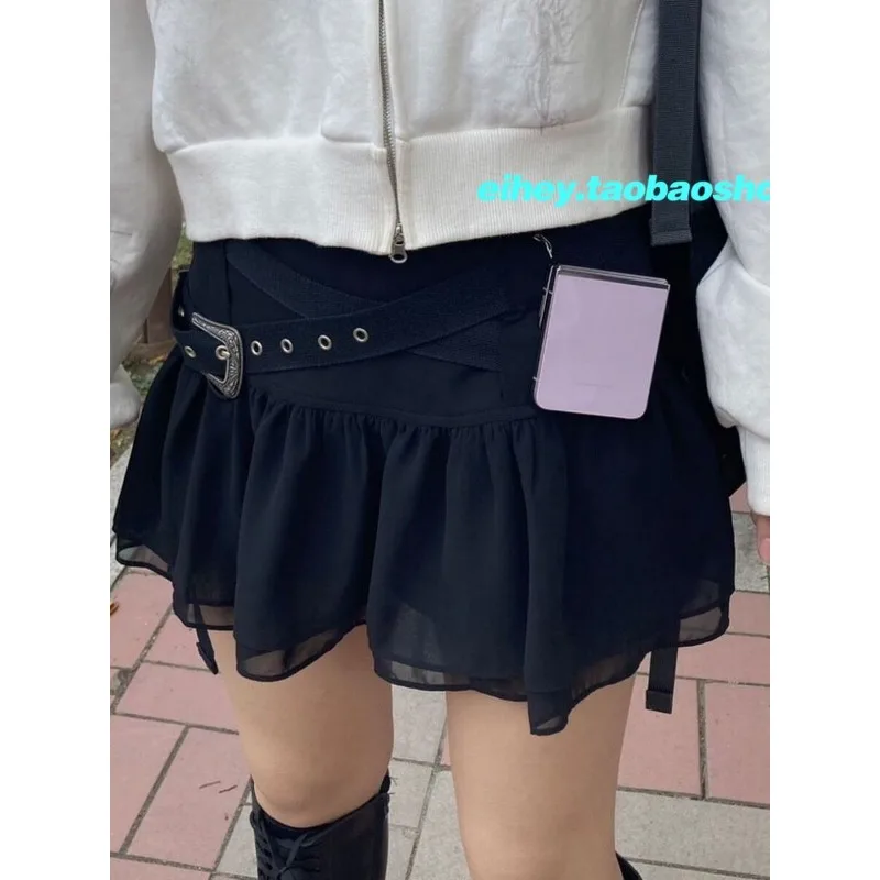 Spring and Summer Vintage Korean Retro High Street Low Waist Ruffles Skirt with Belt Streetwear Fashion Mini Skirt