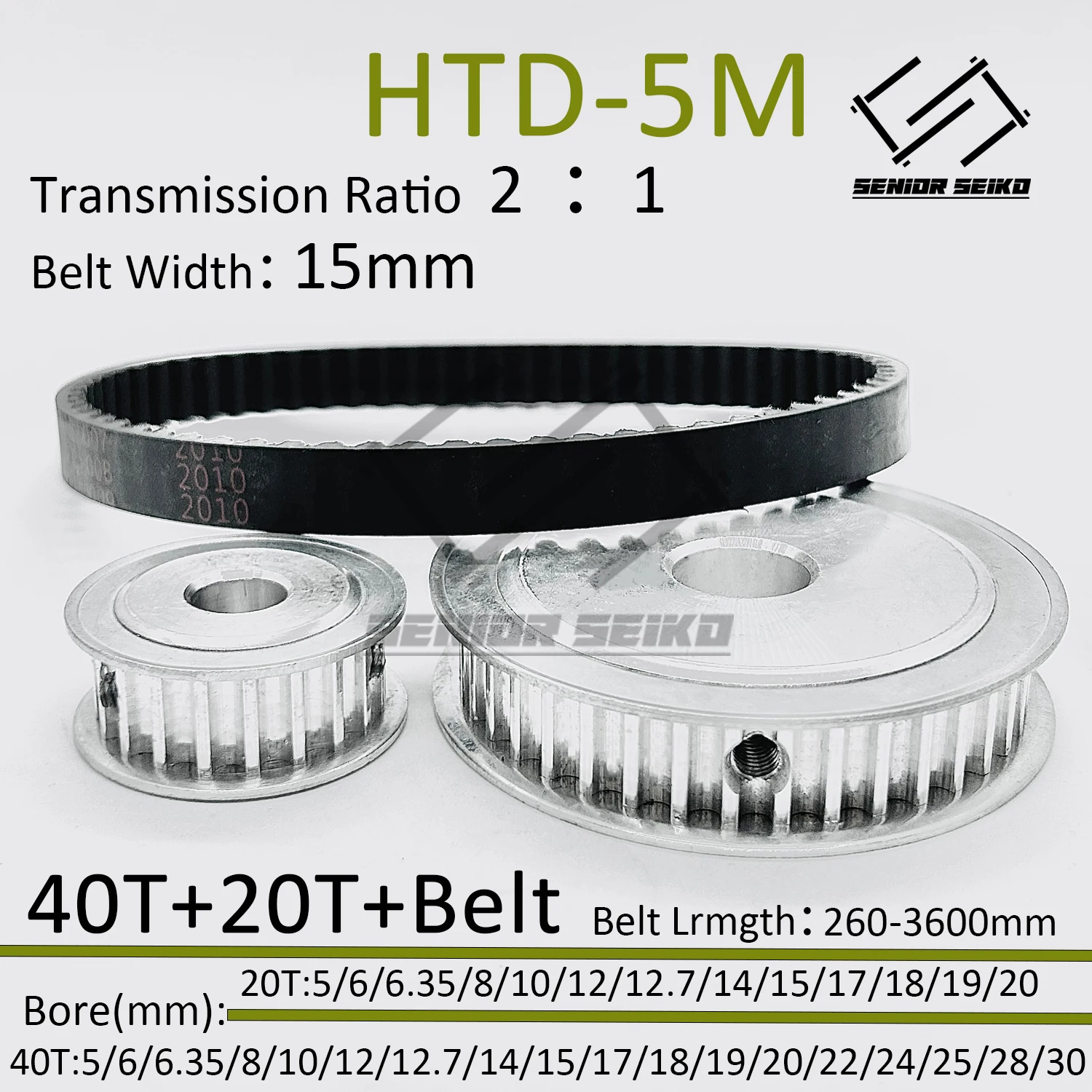 HTD5M Kit 40Teeth 20T Timing Pulley Belt Set Belt Width 15mm Bore 5~30mm Reduction 2:1 Deceleration Pulley Kit Synchronous Wheel