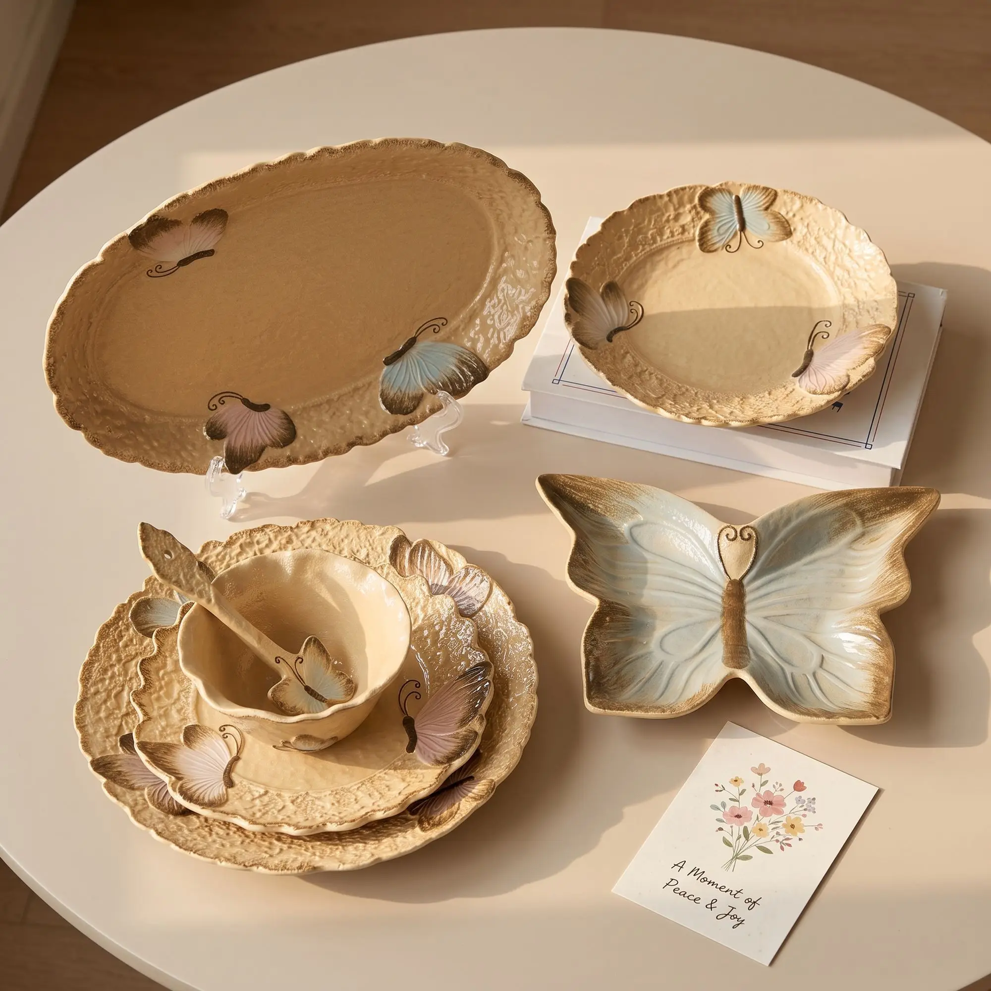Butterfly‑shaped Ceramic Dinnerware Set Hand‑painted Embossed Texture Platter Bowl Spoon Retro Home Table Decor Dessert Salad