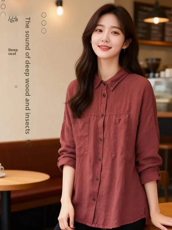 

Весна 2026: Женская свободная рубашка из хлопка и льна с длинным рукавом, винтажный стиль, простой дизайн, на одной пуговице, верхняя одежда из чистого хлопка