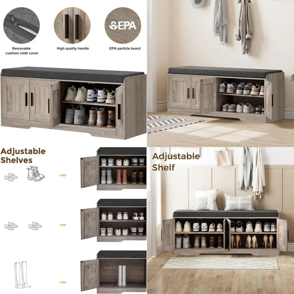 Регулируемая скамейка для прихожей, гостиной, спальни с толстой мягкой подушкой для сиденья и 4 дверцами, серый, 13,8D x 45,3 В x 18,5 часа