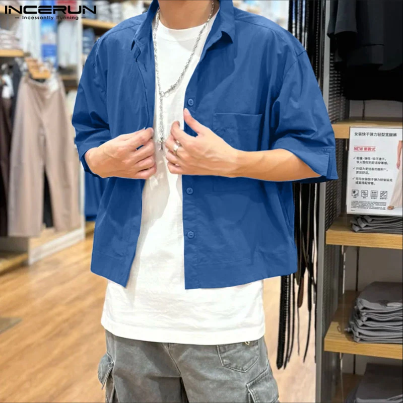 

INCERUN Men Shirt Solid Color Lapel Short Sleeve Pockets Casual Men Clothing Streetwear Fashion Korean Style Male Tops S-5XL