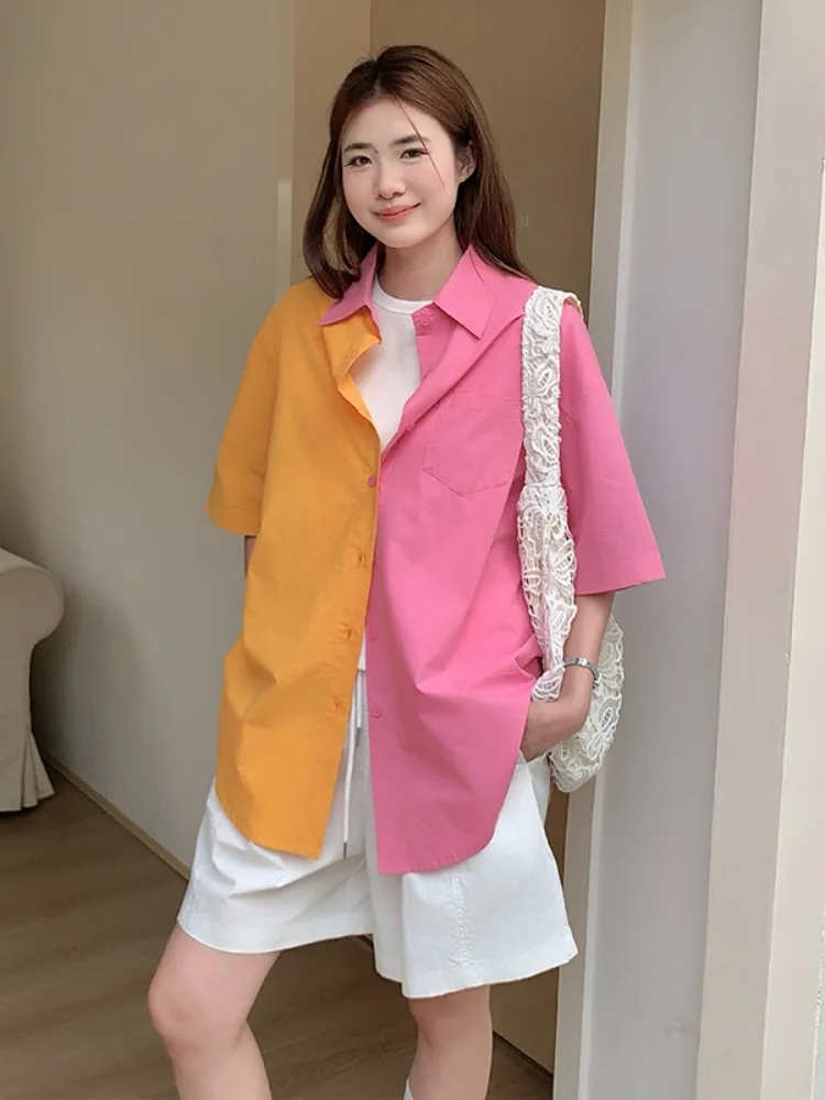 Camisa de manga corta holgada con rayas naranja y rosa Dopamine para mujer, protección solar, estilo vacaciones de verano, top informal con cuello