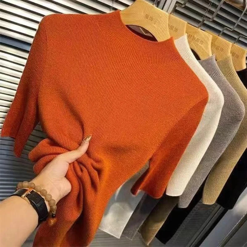 Women's Slim Fit Knit Pullover Top, Solid Color, Half Sleeve