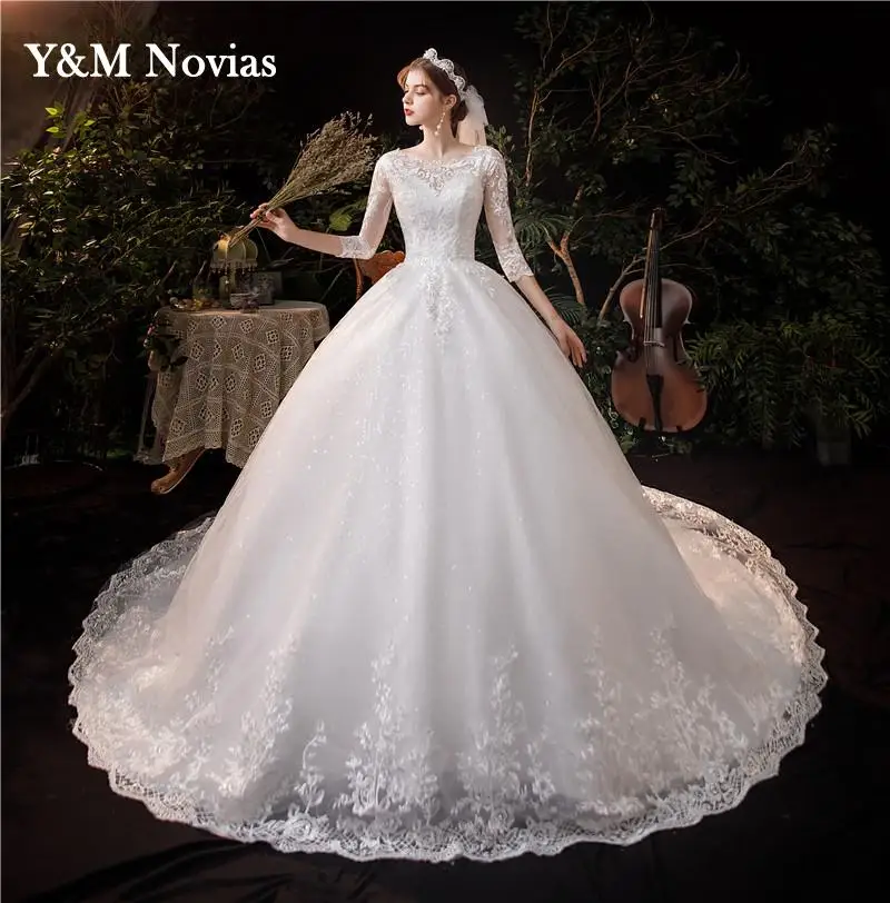 Y&M Novias New Luxury Long Lace Dresses Applique With Sleeve Royal Train princess Wedding Dress Embroidery Bride Dress Plus Size