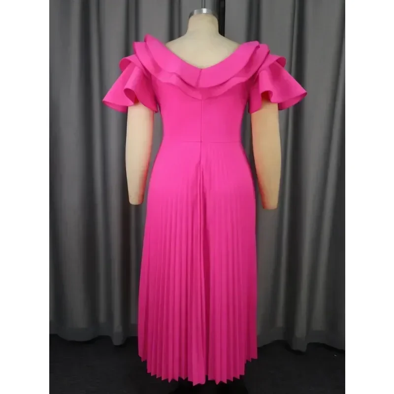 فستان نسائي أنيق طويل بطيات للحفلات المسائية مكشكش ورقبة دائرية وأكمام قصيرة وخصر عالي مع حزام لحفلات الزفاف للضيوف #6