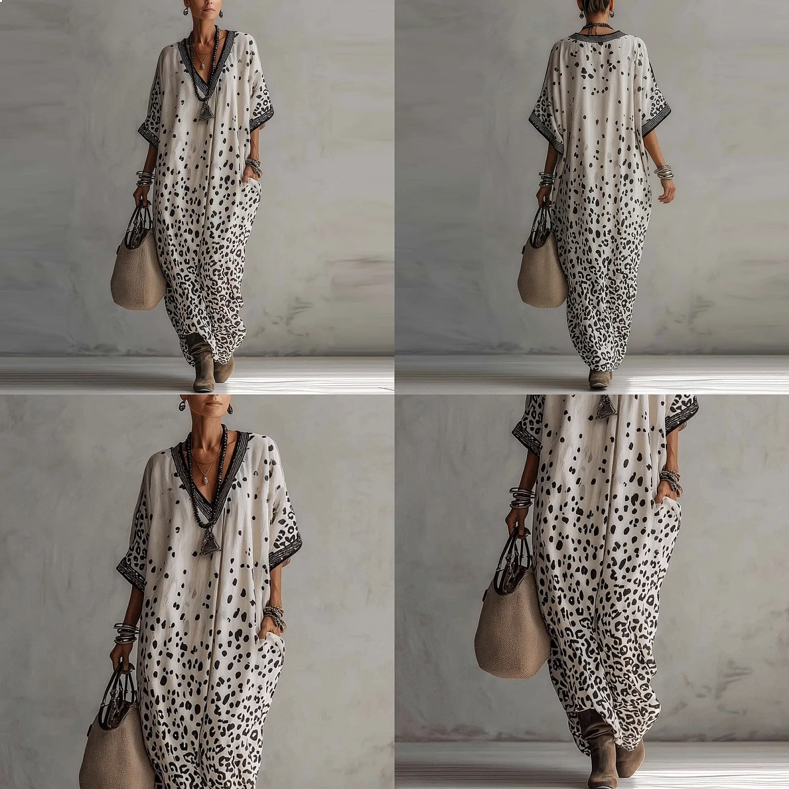

2026 Spring Summer Digital Print V Neck 3/4 Sleeve Pocket Kaftan Maxi Dress Dresses