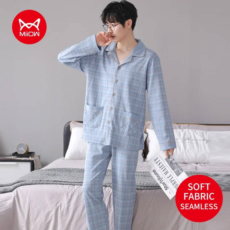 MiiOW Autumn Winter Men Pajamas Loose 3XL Man Turn-down Collar Homewear Soft Cotton Men\'s Sleepwear Mens Plaid Striped Pyjamas