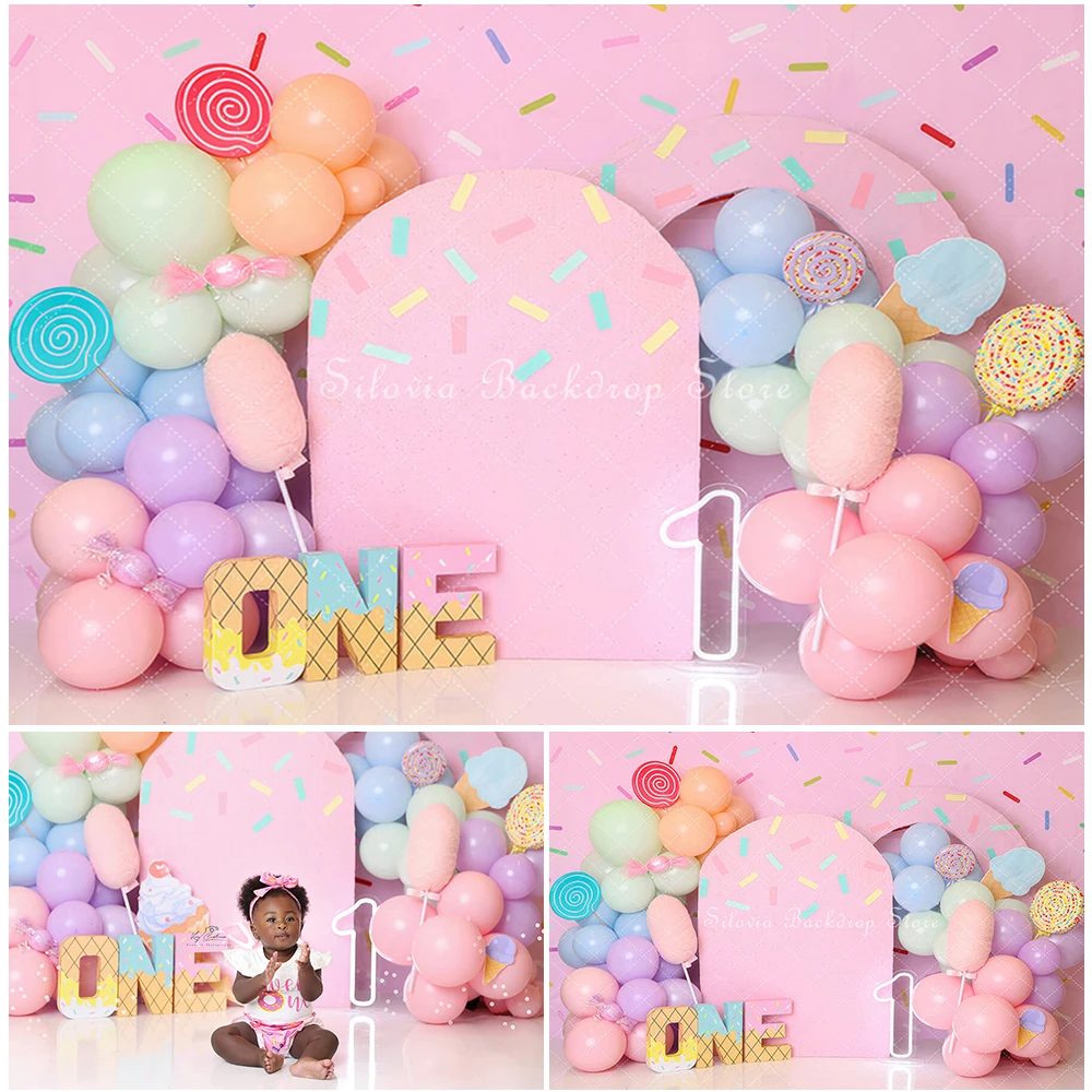 

Sweet One Cotton Candy Photography Backdrop Girl Birthday Cake Smash Photo Background Lollipop Balloons Decor Photo Studio Props