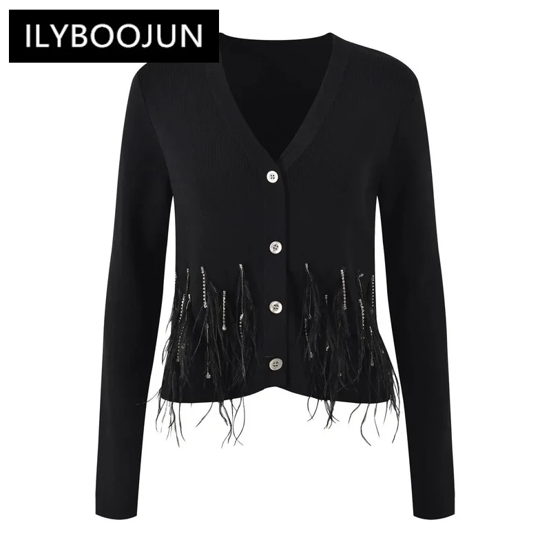 

New Arrival Autumn Lady V-neckline Long Sleeve Single-breasted Coat Women Fine Workmanship Feathers Casual Knit Cardigan