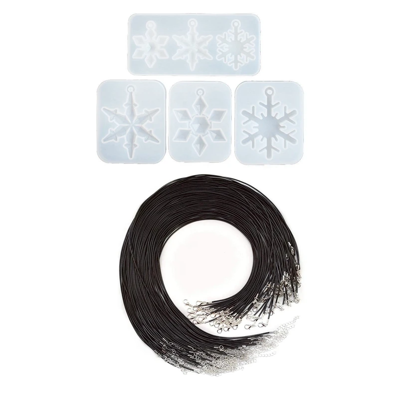 4X 6 Styles Snowflake Resin Molds, Durable Silicone Molds & 20Pieces 20 Inches Black Waxed Necklace Cord With Clasp Bulk