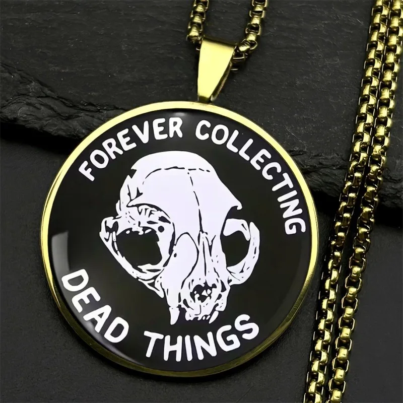 Gold Plated Round Skull Pendant Necklace Men Women Forever Collecting Dead Things Gothic Punk Statement Necklace