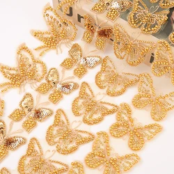 Butterfly Gold Lace Pearl Beaded Ribbons Trim Sewing Dubai Embroidered Mesh Fabrics for Wedding Dress Trim Sequin Ribbon for Diy