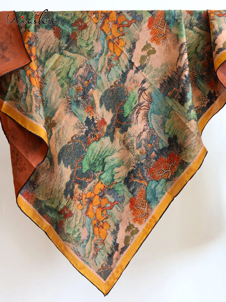 Winsleter-100%Real Silk Watered Gauze Elegant Scarf, 108*108CM Jacquard, Mom Vintage Luxury Shawl Scarves, 2026 Spring A62219CC