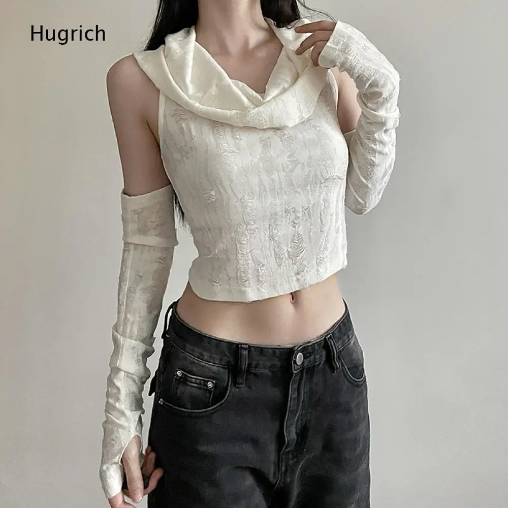 Draped Cowl Neck Slim Crop Tank Top For Women Textured Surface Detachable Thumb Sleeve Covers Daily Versatile Top