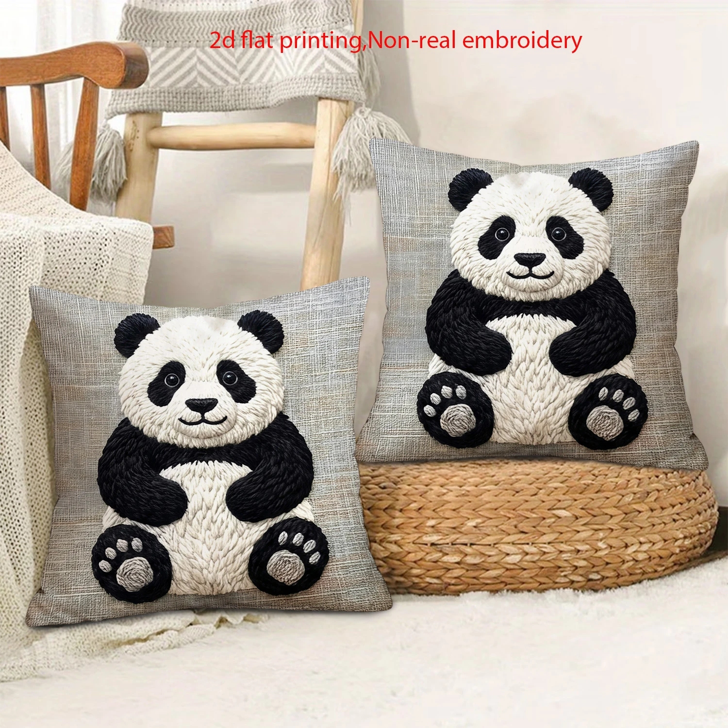 2PCS 2D flat printed panda pillow cover, non-embroidered, universal home and car decoration cushion cover, without pillow core