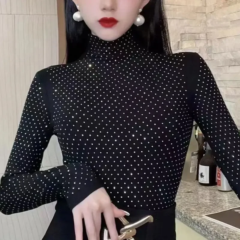 Autumn Winter Undercoat Diamonds Tops Ladies Casual Women\'s Clothing Solid Color Pullovers 2023 New Black Turtleneck T-Shirts