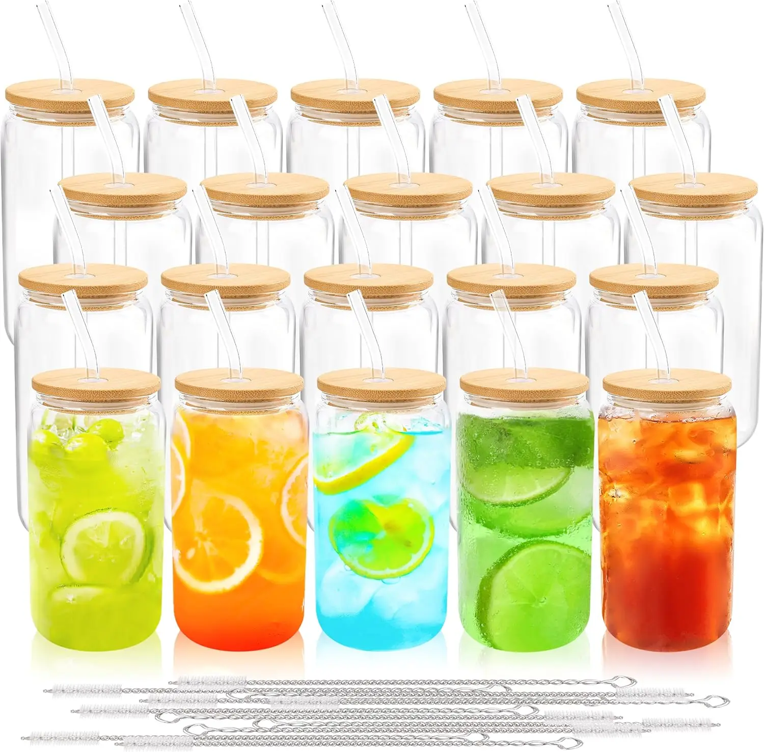 

Набор из 20 стеклянных стаканов с бамбуковыми крышками и трубочками - многоразовые стаканы для холодного кофе объемом 16 унций в форме банки для вечеринок, кафе, подарков