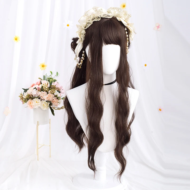 Lolita Synthetic Hair Long Wavy Purple Green Black Blue Brown Women Cosplay Wig with Bangs for Cosplay Daily Party
