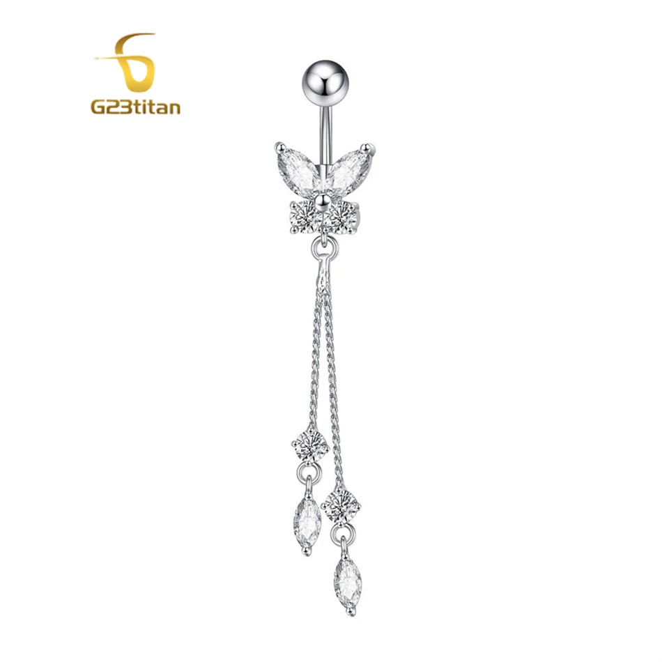 G23titan Long Chain Dangled Butterfuly Belly Button Ring Surgical Steel G23 Titanium Navel Piercing 14G Curved Bar Body Jewelry
