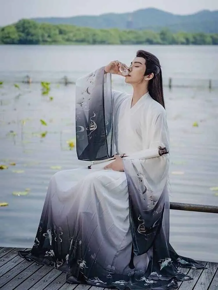 Large Size 2XL Hanfu Men Chinese Traditional Hanfu Male Halloween Cosplay Costume Printed Gradient White Green Hanfu 3pcs Sets