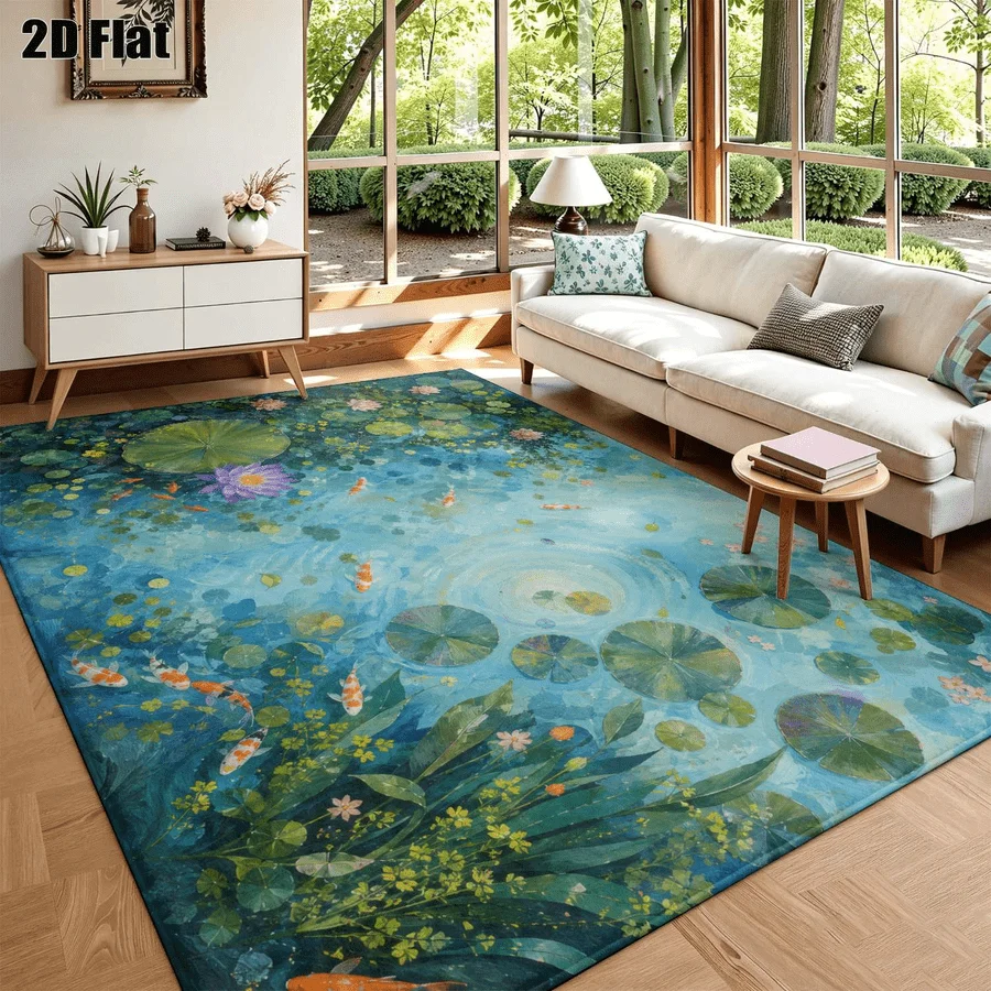 1Pc Water Lily and Koi Pattern Printed Carpet, Fresh Style Universal, Retro Art Decorative Carpet, Suitable for Living Room, Bedroom, Dining Room, Bedside, Indoor and Outdoor Patio, Home Decoration