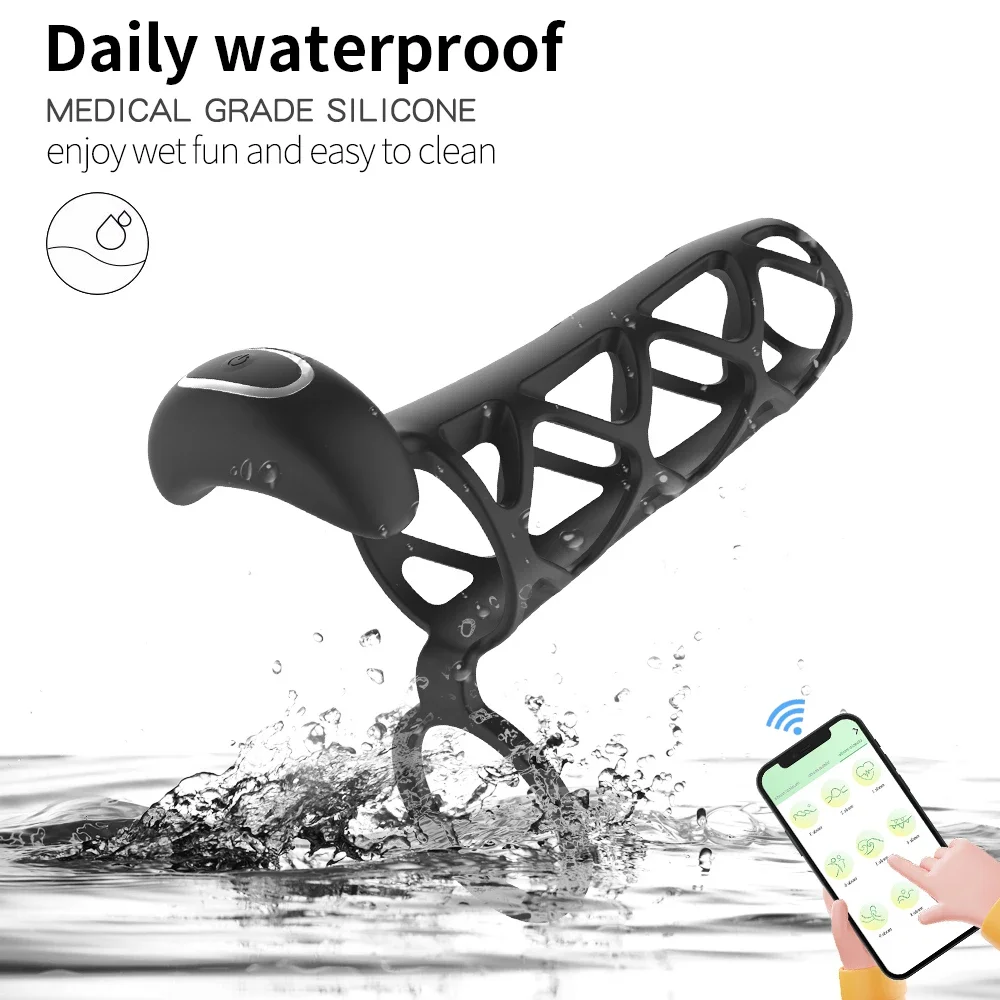 APP التحكم الذكور حلقات القضيب هزاز سيليكون قفص القضيب الخصية الصفن ضبط النفس الجنس لعب للرجال تأخير القذف لعبة الكبار