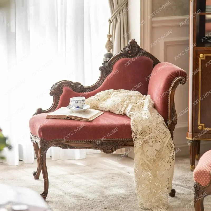 XX Retro Solid Wood Carving Flower Leisure Recliner Medieval Bedroom Flannel Sofa  Comfortable