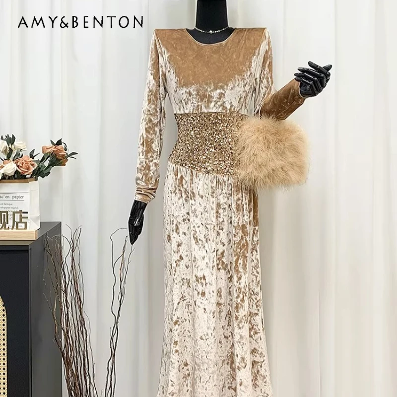 

American Retro Design Velvet Heavy Sequin Women's Dress 2026 Spring New Slim High Waist Long Sleeve Round Neck Dresses ladies